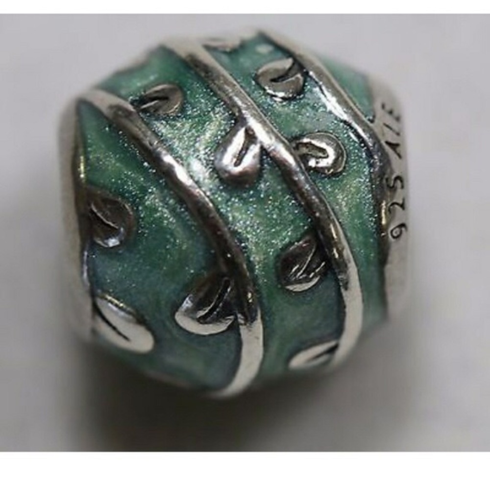 PANDORA LIGHT BLUE VINES ENAMEL BARREL CHARM RETIRED SILVER